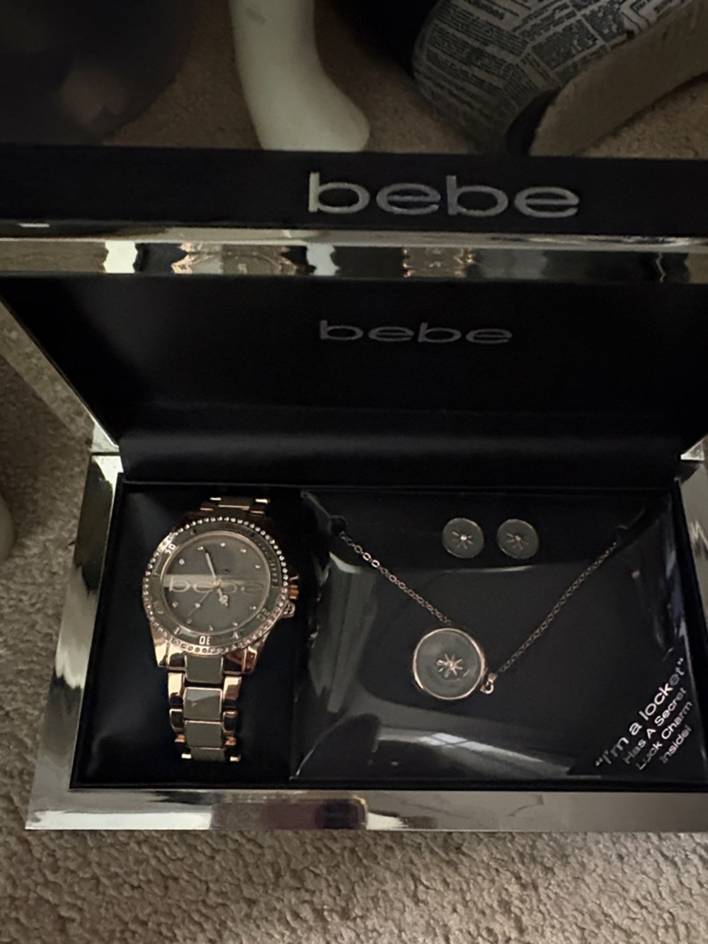 bebe Rose Gold Tone Watch and Pendant Necklace Set